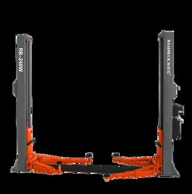 Roadbuck RB-240W orange and grey clear-floor two-post vehicle lift
